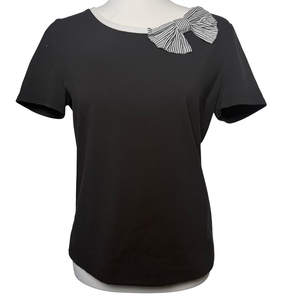 Kate Spade ♠️ Broome Street Black Bow‎ Neck Tee L Coquette Twee Chic Preppy